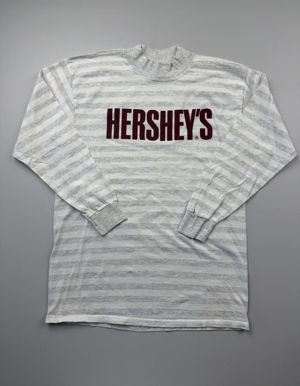 Vintage Hershey's Shirt Mens Large Gray Long Sleeve Mock Neck Stripe Tee VTG USA